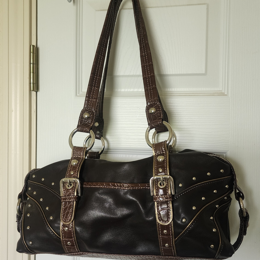 Brown Studded Shoulder Bag with Leather Trim